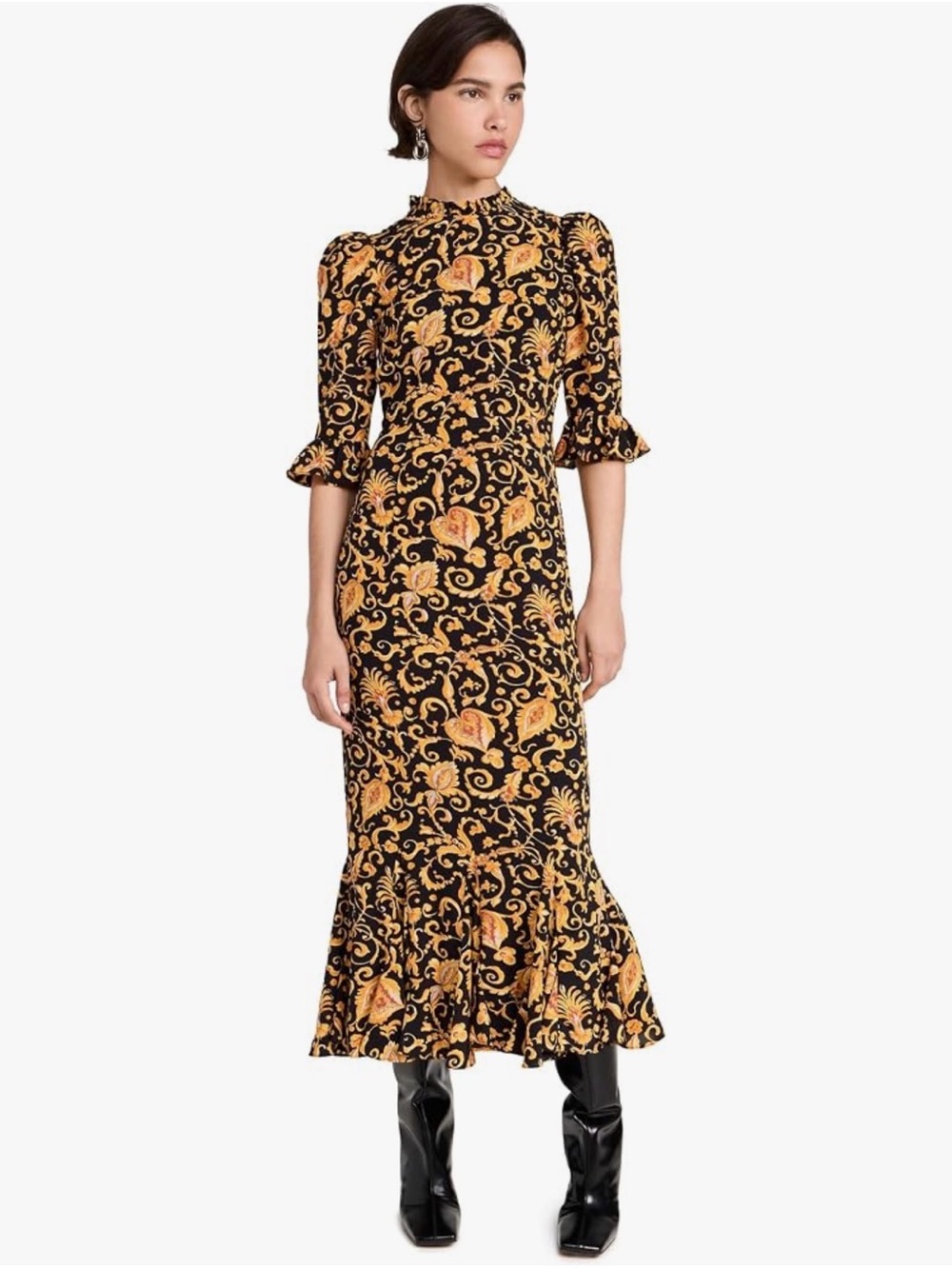RHODE Felix Dress Black & Gold Floral Midi Dress with Ruffle Hem Sz 10 - Picture 3 of 17